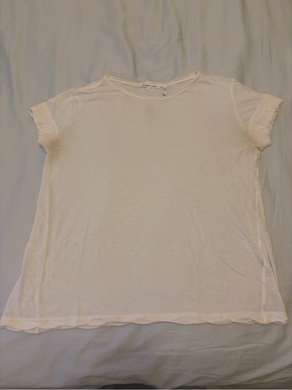 Helmut Lang White Tee w/ Distressed Sleeve